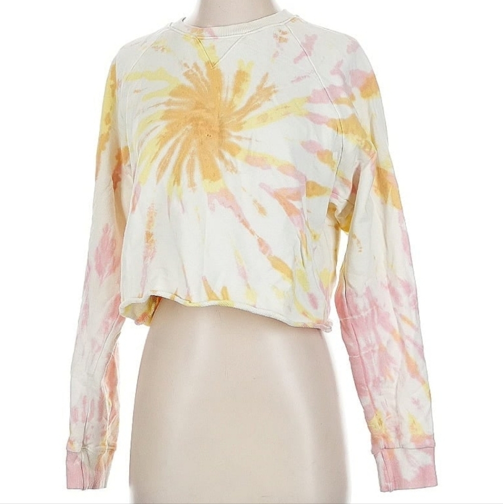 MOTHER Tie Dye Cropped Long Sleeve Top in Cream Yellow Pink